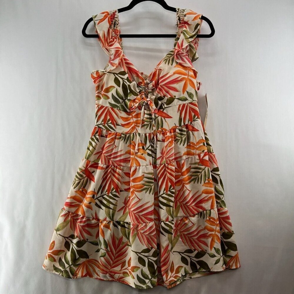 Madden NYC Dress Womens Sz L Juniors Flutter Sleeve Cut Out Boho Tropical Orange - Picture 4 of 13